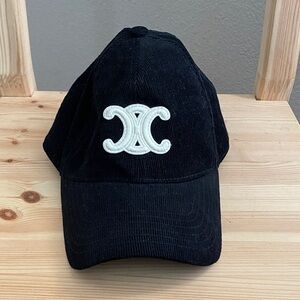 Celine Black Corduroy Baseball Cap with White Logo
